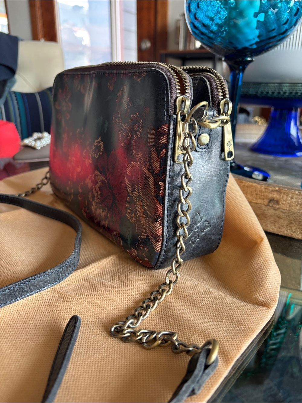Patricia Nash Dark Floral Jacquard Crossbody in Burgundy and Green - Picture 2 of 8